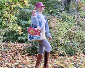 Flower handbag ,boho bag, handmade rael leather  Flower design.