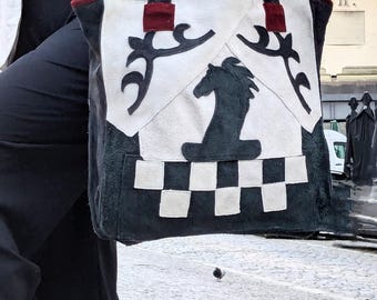 boho bag, handmade Leather , Black & White Chess Design , Large Laptop Tote , Unique Artisan Bag.