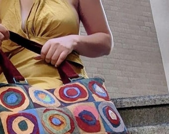 Kandinsky, real Leather Laptop Tote Bag, Concentric Circles Art Handbag ,Handmade Geometric Shoulder bag.