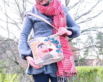 Boho Bag, Romantic, Face Design Real Leather Crossbody, Couple Shoulder bag, Alternative Fashion.