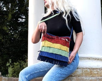 boho bag,Handmade Real Leather Fringe – Rainbow LGBT Style Crossbody Purse – Colorful Pride Handbag