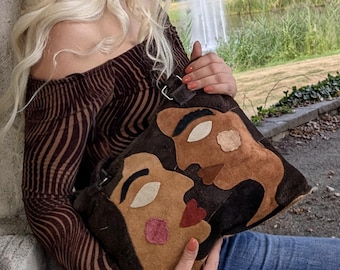 Handmade Handcrafted Boho Face Design Bag, Real Leather Handbag.
