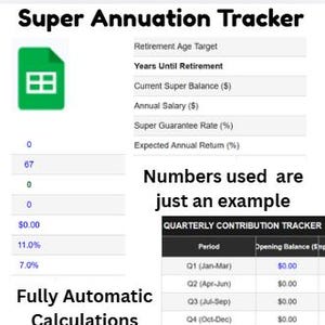 Puede incluir: Una hoja de cálculo digital titulada "Super Annuation Tracker" con un icono verde. La hoja de cálculo incluye campos para la edad de jubilación, el salario y los rendimientos de la inversión. El texto de la imagen dice "Los números utilizados son solo un ejemplo" y "Cálculos totalmente automáticos."