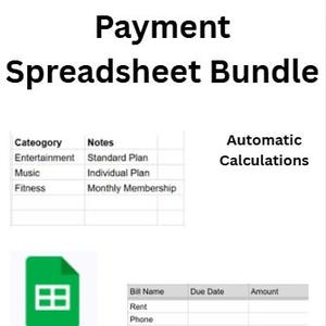Paquete de hojas de cálculo para pagos: Rastreador de suscripciones, Calendario de pagos de facturas, Hojas de cálculo de Google, Cálculos automáticos