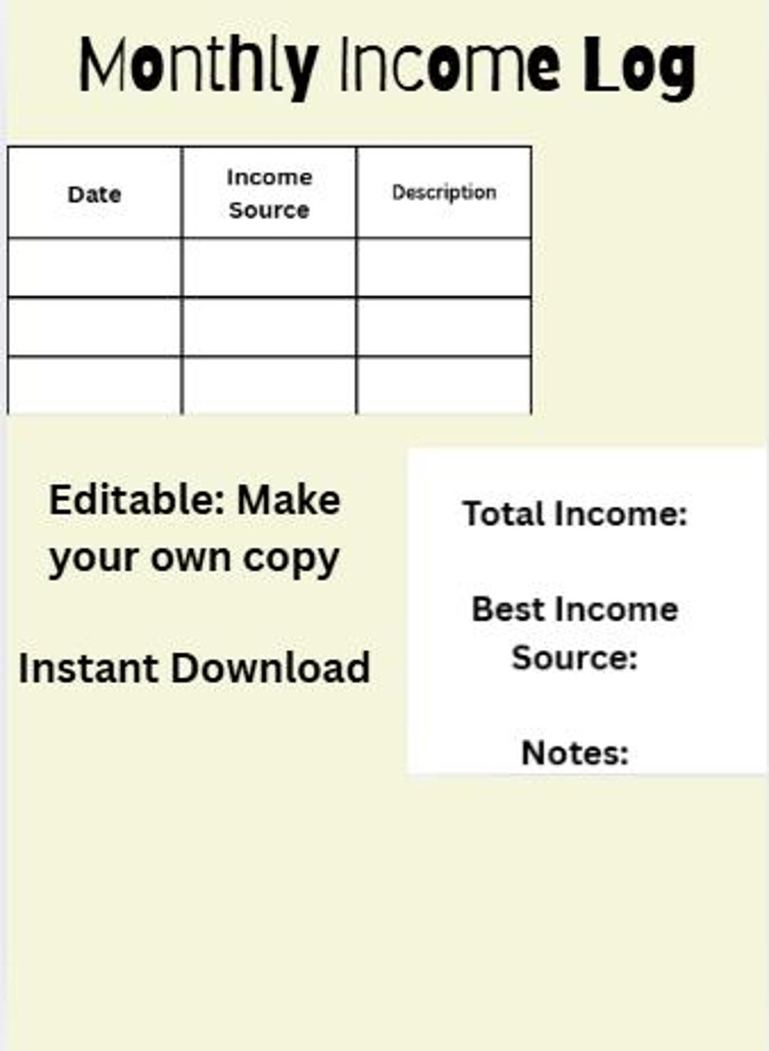 Monthly Income Log Printable | Income Tracker Worksheet | Side Hustle ...