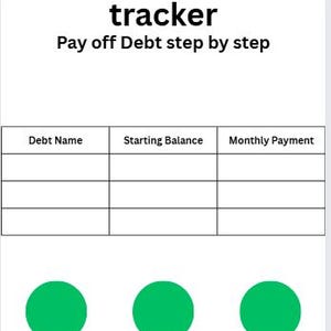 May include: A white debt tracker titled "Debt Snowball tracker" with the text "Pay off Debt step by step." It features a table with columns for debt name, starting balance, and monthly payment, and three green circles.