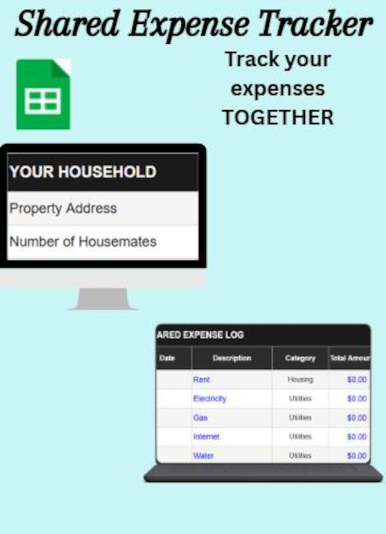 May include: An image advertising a shared expense tracker. The text says "Shared Expense Tracker" and "Track your expenses TOGETHER." It displays a computer screen with a household expense log and a screen with household information.