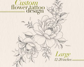 Custom Flower Tattoo Design | Large | Unique Fineline Digital Art | Personalised and Elevated Style