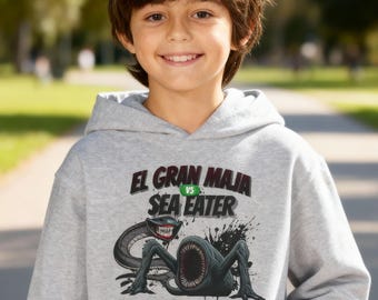 Felpa con cappuccio per bambini El Gran Maja vs Sea Eater / Felpa con cappuccio con grafica Sea Monster per bambini / Felpa con cappuccio Ocean Creature Battle