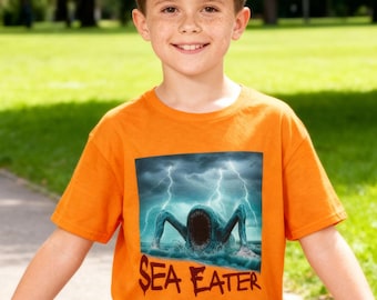 Maglietta per bambini con mostro mangia-mare / Maglietta con creatura oceanica per ragazzi e ragazze / Maglietta ispirata all'horror