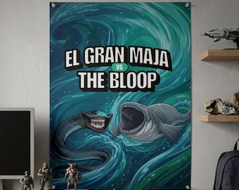 Poster El Gran Maja vs The Bloop - Battaglia tra mostri degli abissi, stampa di creature marine, decorazione dark fantasy, opera d'arte unica con mostri.