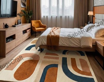 Tappeto in lana annodato a mano, terracotta blu navy, tappeto geometrico astratto