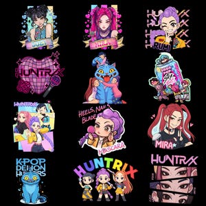 May include: A collection of colorful K-Pop themed stickers on a black background. The stickers feature anime-style illustrations of female characters with text like "HUNTRAX", "MIRA", and "RUMI". Some stickers include hearts and microphones.