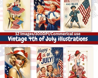 Vintage Patriotic Clipart Bundle 4th Of July Independence Day USA America, Retro Flag Day Images, Printable Americana Junk Journal Graphics