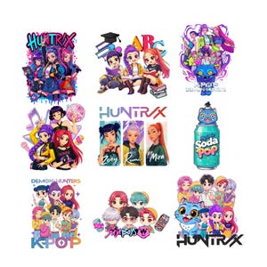 Könnte beinhalten: Eine Sammlung farbenfroher digitaler Illustrationen im Anime-Stil. Die Bilder zeigen Charaktere und Texte wie "HUNTRIX", "KPOP" und "DEMON HUNTERS". Die Kunstwerke verwenden leuchtende Farben und dynamische Posen, geeignet für Merchandise.