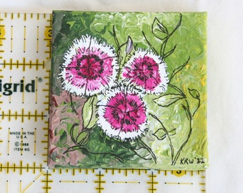 Miniature Original Painting on Canvas 3" x 3", Doll House Art, Acrylic Painting, Mini Art, Dianthus Flower, Nature Painting