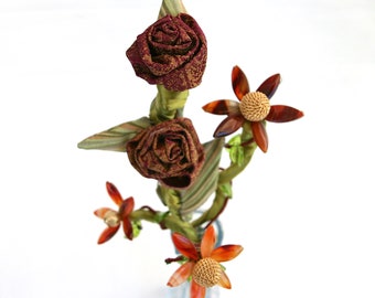 Burgundy Gold Rose Buds with Hand Beaded Stems in Vase, Soft Sculpture Flower, Wedding Centerpiece, Floral Arrangement, Fiber Art Flower