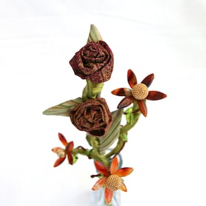 Burgundy Gold Rose Buds with Hand Beaded Stems in Vase, Soft Sculpture Flower, Wedding Centerpiece, Floral Arrangement, Fiber Art Flower