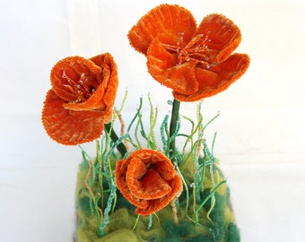 Fiber Art Poppies Flower Sculpture, Whimsical Home Decor, Unique Wedding Centerpiece, Fall Floral Arrangement, Soft Sculpture Flowers