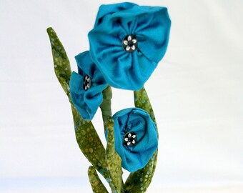 Teal Blue Flowers in Vase, Soft Sculpture Flower, Wedding Centerpiece, Floral Arrangement, Fiber Art Flower