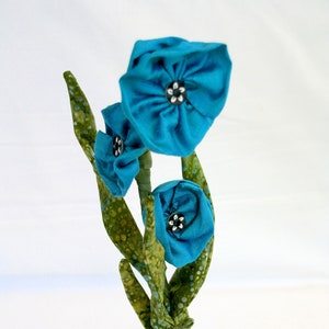 Teal Blue Flowers in Vase, Soft Sculpture Flower, Wedding Centerpiece, Floral Arrangement, Fiber Art Flower image 1