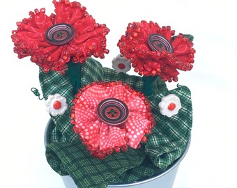 Red Flowers in Tin Pot with Leaves, Handmade Eco-Friendly Holiday Centerpiece, Country Flower Arrangement