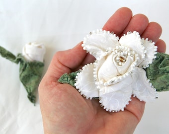 Gardenia Corsage/Boutonnière Set, Handmade Fabric Flower Corsage for Prom, Eco Friendly Wedding, Bridal Bouquet, LGBTQ Options