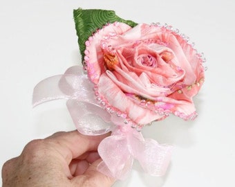 Corsage Boutonniere Set, Fiber Art Flowers, Pink Bridal Flowers, Eco Friendly Wedding, Prom Corsage, Mother&#39;s Day Gift, LGBTQ Options
