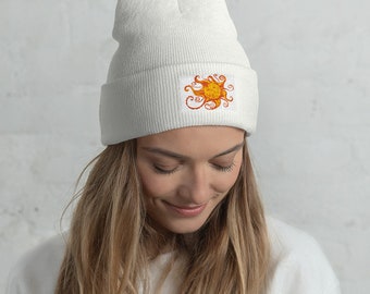 Cuffed Beanie with Original Art Watercolor Sun, Snow Hat, Unique Winter Clothing