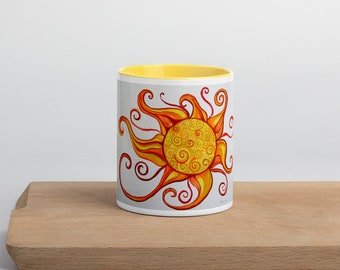 Original Art Mug with Color Inside, Watercolor Sun, Coffee, Tea, Four Different Color Choices