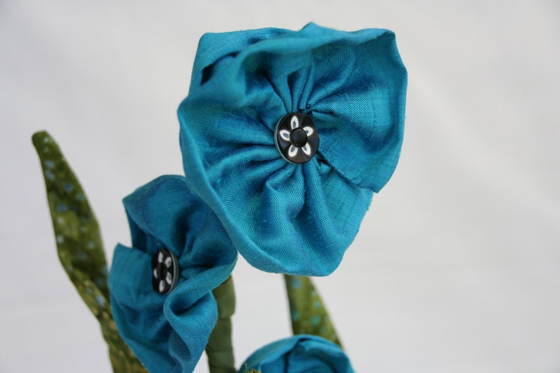 Teal Blue Flowers in Vase, Soft Sculpture Flower, Wedding Centerpiece, Floral Arrangement, Fiber Art Flower image 3