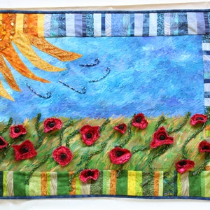 Art Quilt Fiber Art Acrylic Painting with Fabric Flowers Beading, Red Poppy Wall Hanging, Whimsical Art image 10