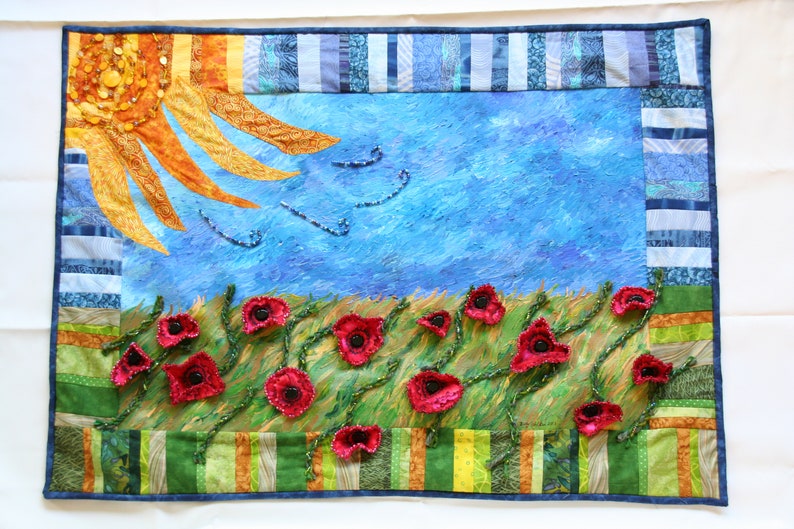 Art Quilt Fiber Art Acrylic Painting with Fabric Flowers Beading, Red Poppy Wall Hanging, Whimsical Art image 10