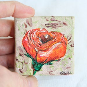 Miniature Original Painting on Canvas 2&quot; x 2&quot;, Doll House Art, Acrylic Painting, Mini Art, Poppy Flower, Nature Painting