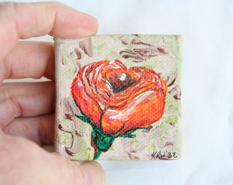 Miniature Original Painting on Canvas 2" x 2", Doll House Art, Acrylic Painting, Mini Art, Poppy Flower, Nature Painting