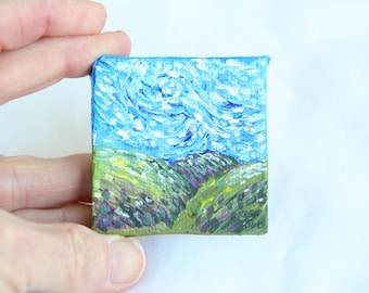 2" x 2" Miniature Original Painting on Canvas, Doll House Art, Acrylic Painting, Mini Art, Impressionist Landscape Painting