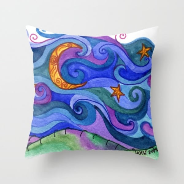 Throw Pillow printed with Moon Original Artwork, Decorative Throw Pillow, Accent Pillow, Colorful Home Decor, Children's Room, Nursery Decor