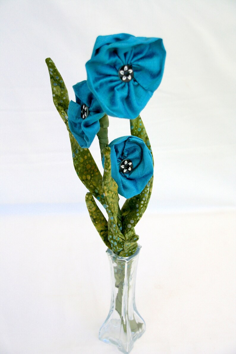 Teal Blue Flowers in Vase, Soft Sculpture Flower, Wedding Centerpiece, Floral Arrangement, Fiber Art Flower image 1