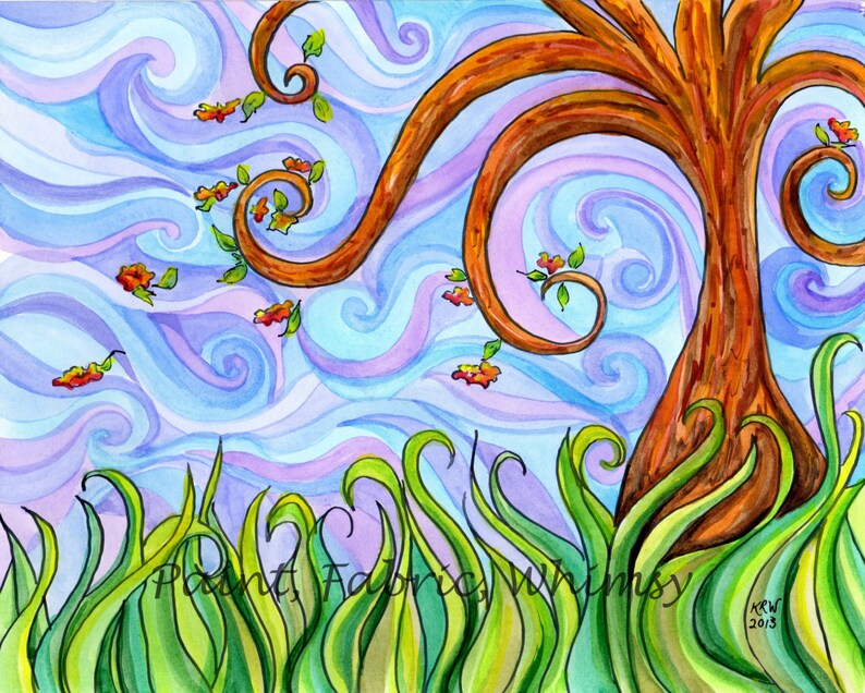 May include: Watercolor painting of a whimsical tree with swirling branches against a blue and purple sky. The tree is rooted in green grass and has orange leaves falling from its branches. The painting is signed "Plant, Fabric & Whimsy" and dated "2013".