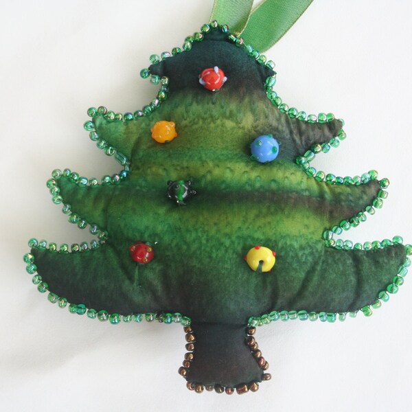 Holiday Ornament Christmas Tree in Green Batik Hand Beading Folk Art