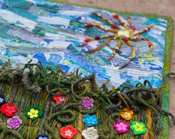 Fiber Art Quilted Landscape Meadow with Crocheted Flowers, Fabric Mosaic Sky, Beaded Sun, Wall Hanging, Whimsical Art