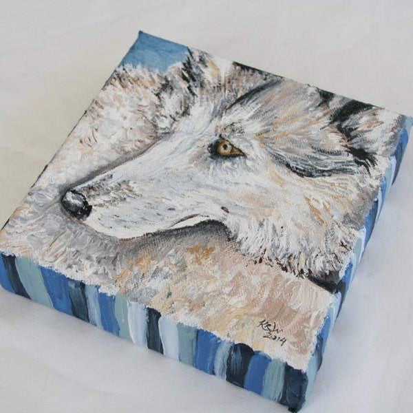 Original Acrylic Painting 6x6 Wolf Art, Timber Wolf Artwork, Mini Painting, Wildlife Painting, Wolf Lover Gift, Charity Donation, Nature Art