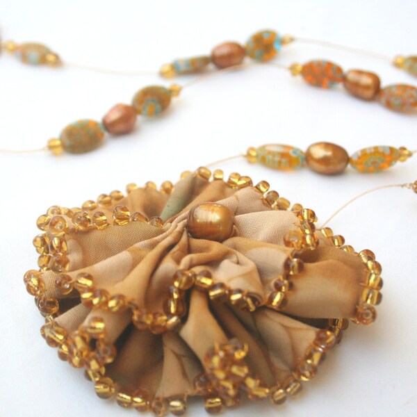 Fabric Flower and Beaded Necklace - Batik Golden Autumn Soft Sculpture Flower