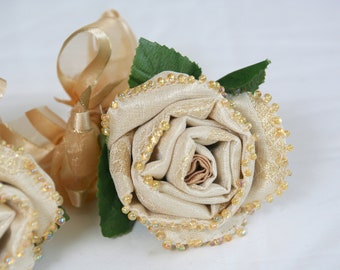 Corsage Set Cream Rose, Golden Cream Rose for Golden 50th Anniversary, Eco Friendly Wedding, Prom Set, Bridal Party Gift, LGBTQ Couples