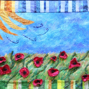 Art Quilt Fiber Art Acrylic Painting with Fabric Flowers Beading, Red Poppy Wall Hanging, Whimsical Art image 2