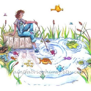 Ido pescar – impressão fosca de arte original, arte de pesca, paisagem caprichosa, decoração de quarto infantil, decoração de berçário, impressão artística fosca