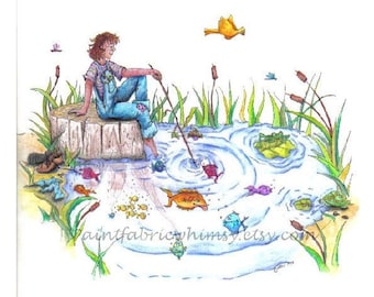 Gone Fishing - Matted Print of Original Art, Fishing Art, Whimsical Landscape, Children's Room Decor, Nursery Decor, Art Print Matted