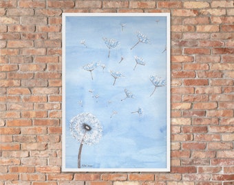 Original Watercolor, 'Wishes', Framed poster, Ready to Hang, Dandelion Inspirational Art