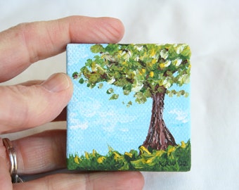 Miniature Original Painting on Canvas 2" x 2", Doll House Art, Acrylic Painting, Mini Art, Spring Tree Landscape Painting