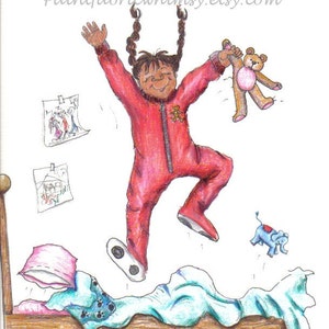 May include: A girl in red pajamas jumps on a bed with a green monster underneath. She is holding a teddy bear and has pigtails. The bed has a blue blanket and a pink pillow. The text "Paintfabricwhimsy.etsy.com" is at the top of the image.